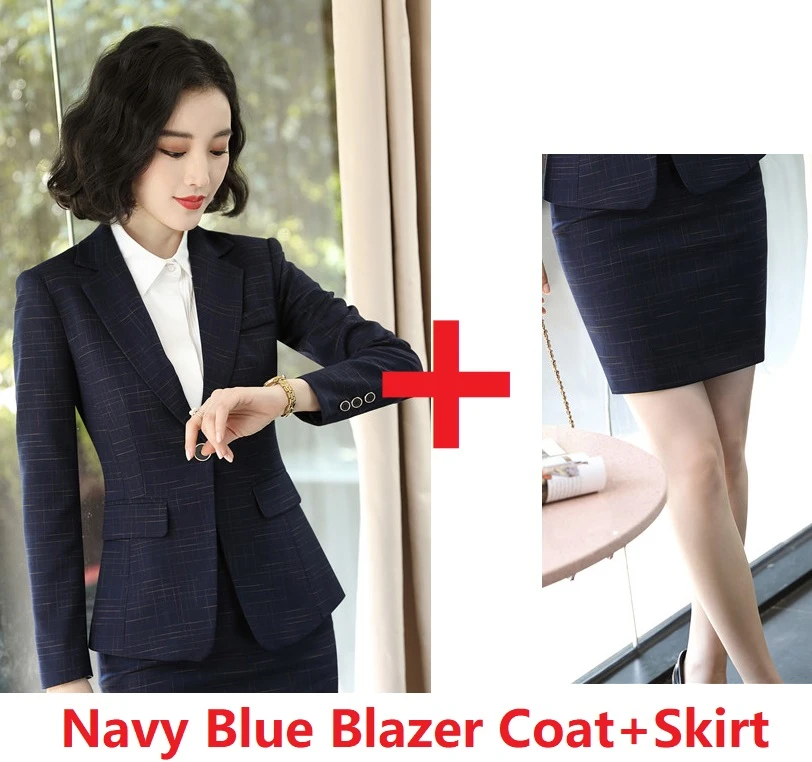 Navy Blue Высокое качество ткани Формальные женские деловые костюмы профессиональные OL стили с юбкой и топами женские блейзеры осень зима наборы - Цвет: Navy Blue