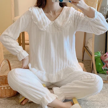 

New Coral Fleece Pajamas Women's Winter Flannel Pajamas Lapel Large Cardigan Warm and Comfortable Home Service Suit