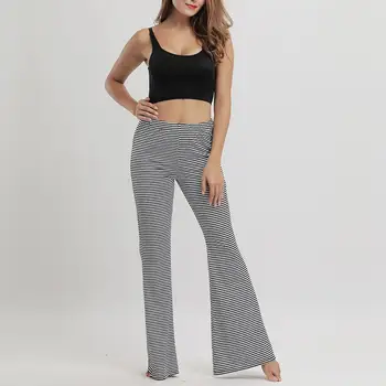 

Women Stripe Elastic High Waist Bell Bottoms Wide Leg Flare Pants Long Trousers
