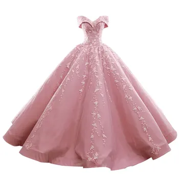 

Elegant Off Shoulder V-Neck Backless Lace Up Prom Ball Gown Lace Appliqued Satin Ruffle Chape Train Evening Formal Dress