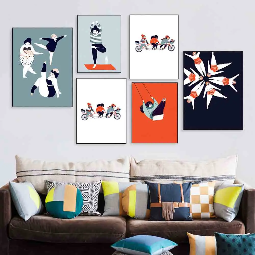 Cartoon Inspirational Woman Dance Yoga Cycling Swimming Swinging Poster Posters and Prints Girls Wall Art For Living Room Decor | Дом и сад
