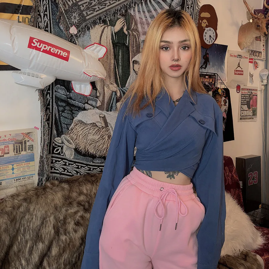 low cost  Sisterlinda Casual Blue Cropped Tops Woman Short Hollow Out Jacket Women Outwear 2019 Fall Retro Ja