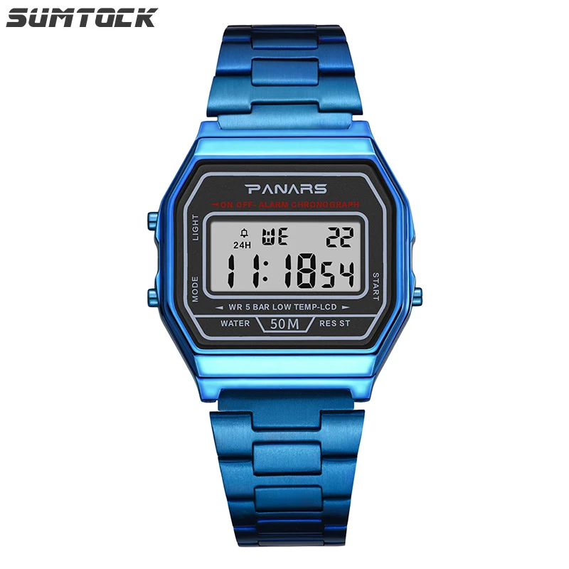 SUMTOCK Business Watch Digital Men Stopwatch Timing 50m Swimming Waterproof Metal Strap Gold Plating Process reloj hombre lige SUMTOCK Business Watch Digital Men Stopwatch Timing 50m Swimming Waterproof Metal Strap Gold Plating Process reloj hombre lige