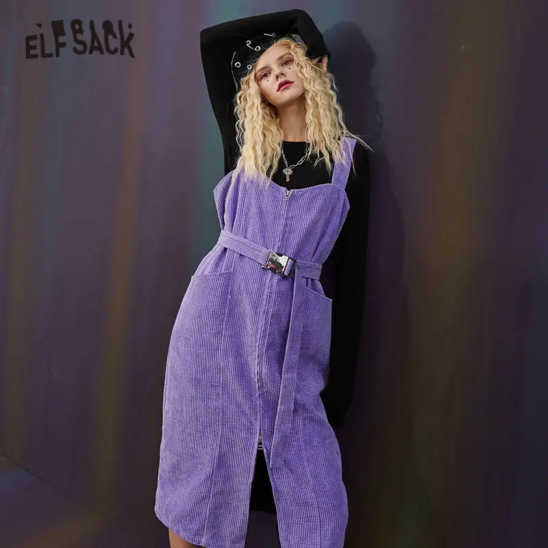 Женское вельветовое платье ELFSACK фиолетовое Повседневное на бретелях винтажные