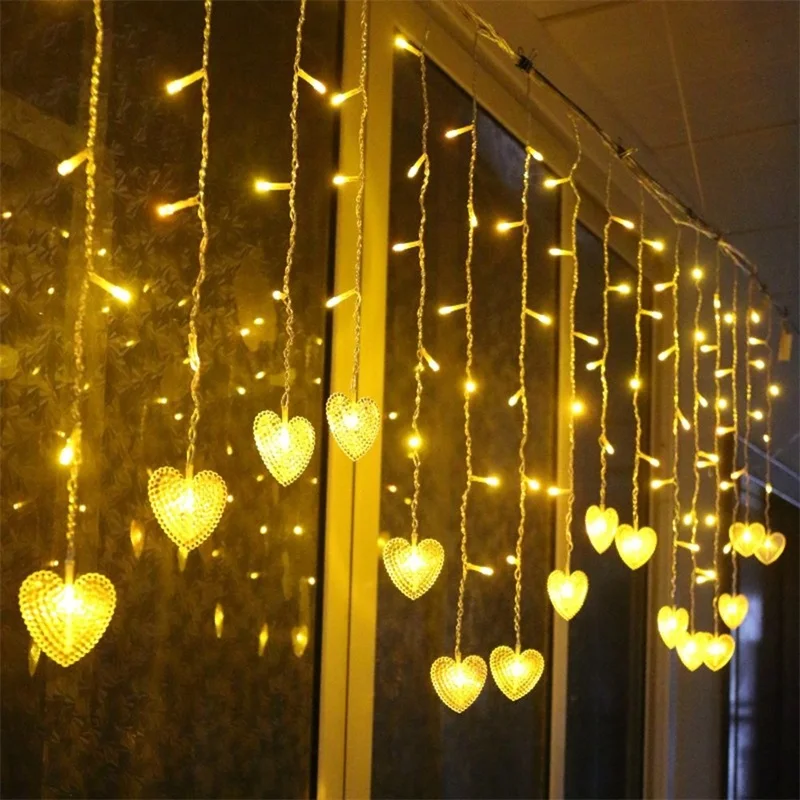 Christmas LED Heart Curtain Lights Icicle Fairy Garland String Lights for Home Party Garden Holiday Xmas Decoration Romantic
