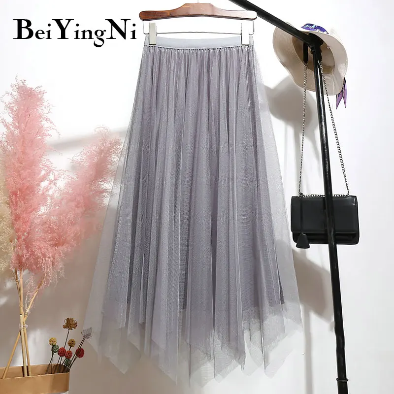 Beiyingni Женская юбка из тюля однотонные Демисезонный шик нерегулярные юбка-пачка подружек невесты Высокая талия Юбки-миди Saias - Цвет: Серый
