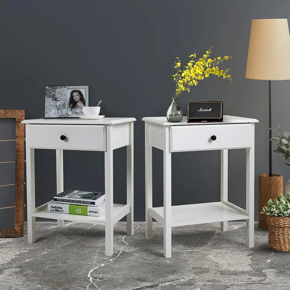 

2 Pair/Set of 23.6 Inch Modern Wood Bedside Table Nightstand End Table Simple Sturdy Durable White Nightstand JJ0006