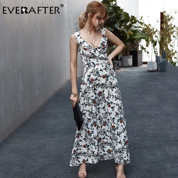 

EVERAFTER Sexy Deep V Floral Print Long Dress Women Summer Lace up Backless Plus Size Holiday Beach Female Spaghetti Strap Dress