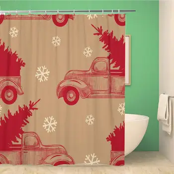

60x72 Inches Shower Curtain Rchristmas Truck with Christmas Tree and Snowflakes on Craft Paper Vintage Pattern Waterproof