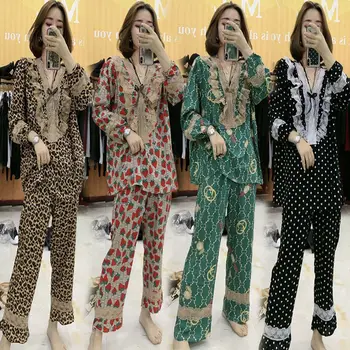 

2020 Autumn Cotton Sleepwear Pajamas Set Flower Print Long Sleeves Pullover Tops Pants 2 Piece Winter Pajamay Homewear Suits