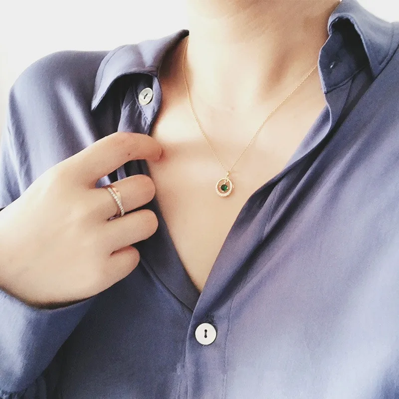 925 Sterling Silver Emerald Crystal Geometric Circle Pendant Clavicle Chain Necklace Women 14k Gold Plating Simple Party Jewelry - Image 2