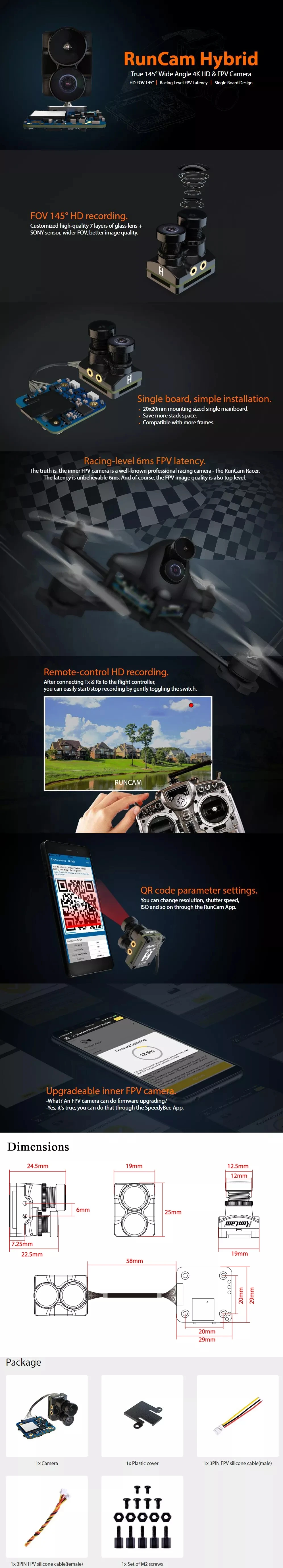RunCam Hybrid 4K 30fps FOV 145 градусов HD Запись DVR двойной объектив Мини FPV камера Низкая задержка одноплатная для RC гоночный Дрон