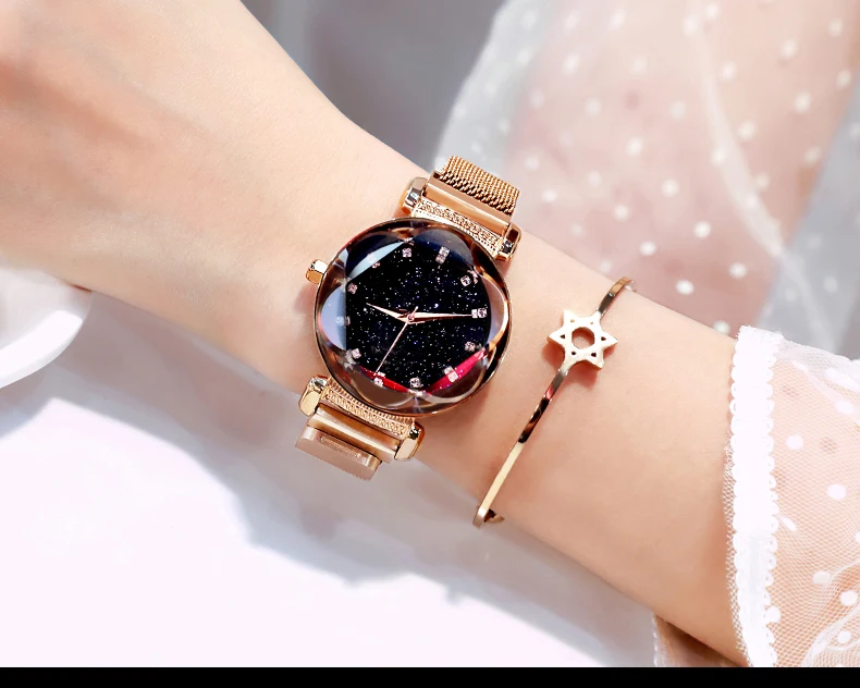Новые роскошные женские часы модные элегантные с магнитной пряжкой розовое золото женские наручные часы Звездное небо алмазный подарок кварцевые часы