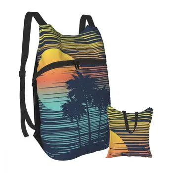 

Foldable Backpack Waterproof Travel Men bag Summer Sunset On Tropical Beach With Palm Tree