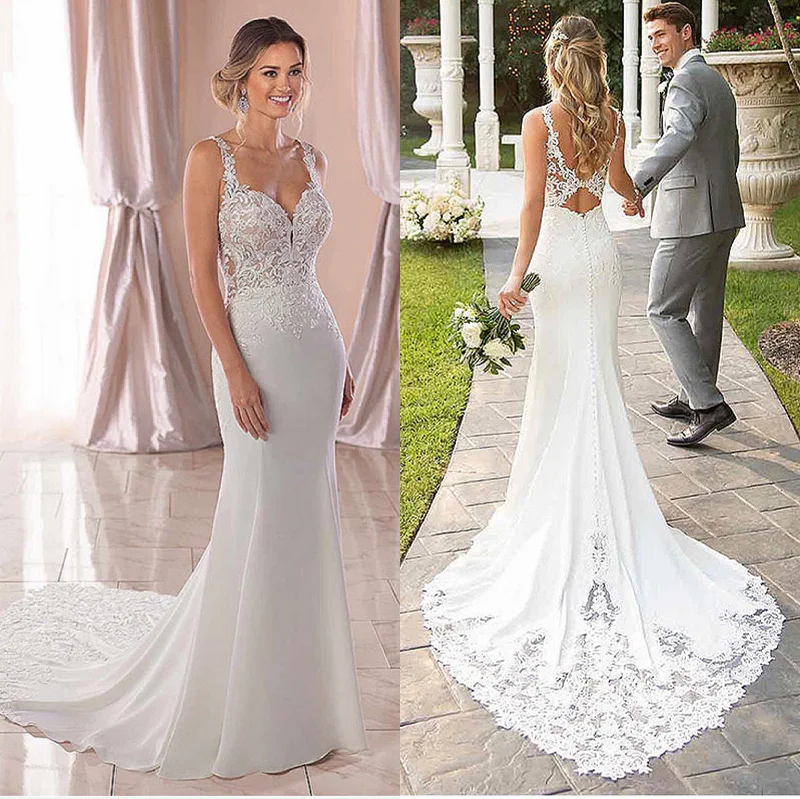 

Mermaid Wedding Dresses 2020 Sweetheart Bridal Gowns Appliques Lace Court Chiffon Backless Wedding Gown Boho vestido de novia