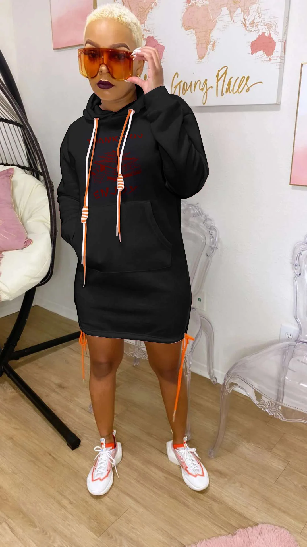 Winter  Fashion Women  Hooded Pullover Letter Printed Sweatshirts Dress With Pockets