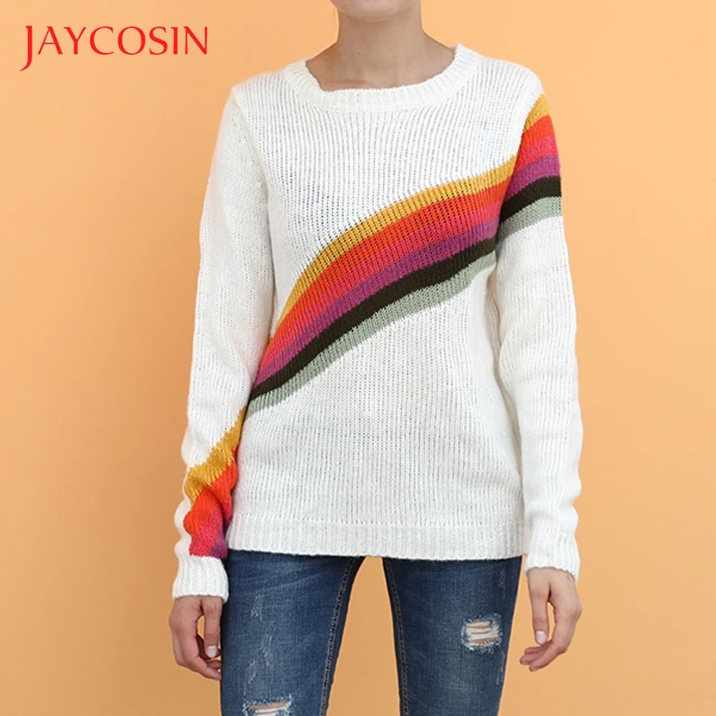 JAYCOSIN женский свитер, радужный длинный полосатый вязаный свитер с длинными рукавами, v-образный вырез, дышащий Топ, модная футболка