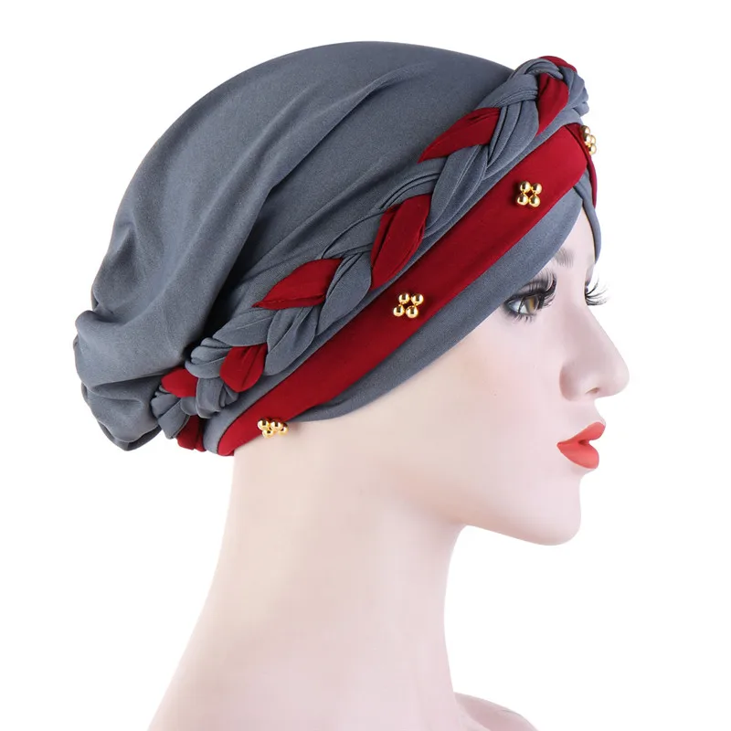 New-Two-Color-Beaded-Braid-Hijab-Caps-Spring-and-Autumn-Muslim-Wrap-Turban-Cap-Fashion-Cotton (2)