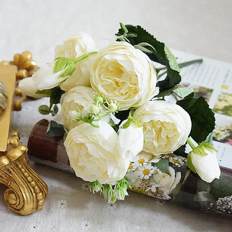 5 больших головок/Букет пионов, искусственные цветы, Шелковый Букет пионов, 4 бутона, цветы для свадьбы, украшения дома, искусственные пионы, розы - Цвет: E 1set