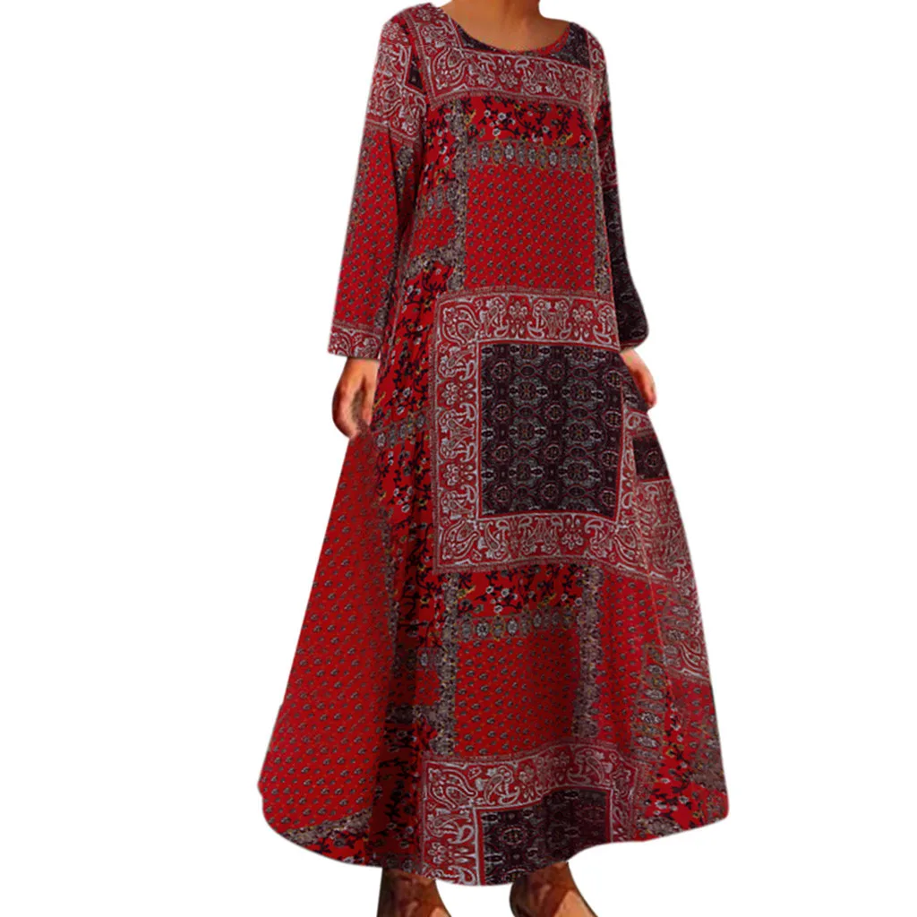 

JAYCOSIN Dress Women Elegant Plus Size Dress Autumn Winter Midi Ladies Casual Bohemian Print Long Sleeve O-Neck Dress Vestidos