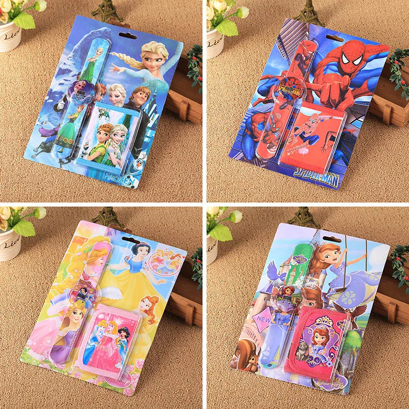 2 Pcs/set Disney Watch Wallet Suit Kids Bracelet Wristband Cartoon Anime Figure Frozen Princess Snow White Spiderman Watches |