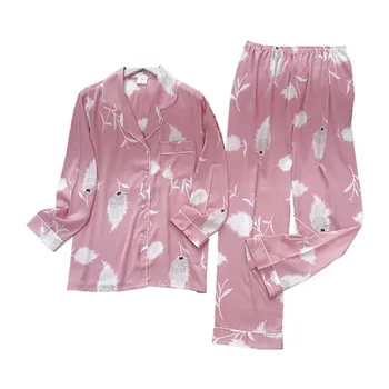 

Spring And Autumn New Ladies Pajamas Set Feather Printed Soft Silk Satin Women Sleepwear Turn Down Collar Homewear Large Size