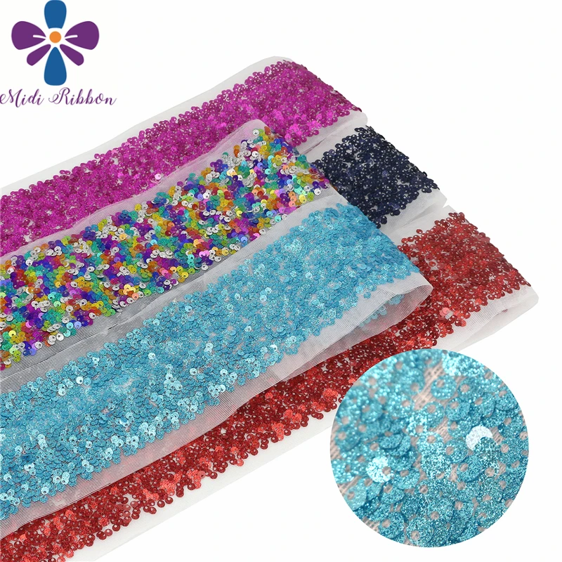 

3"75mm Scatter Sequin Tape (Back Side with Tulle, 9.5cm Width Added 1cm Edge Both Side) 30yards/Pack (3*10y/roll) Rainbow