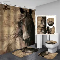 Running Horse Print Badkamer Set Douchegordijn Met Anti-Slip Flanel Baden Mat Deurmat Wc Deksel Cover Home Keuken tapijt