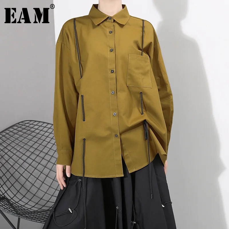

[EAM] Women Green Drawstring Asymmetrical Big Size Blouse New Lapel Long Sleeve Loose Fit Shirt Fashion Spring Autumn 2019 1D307