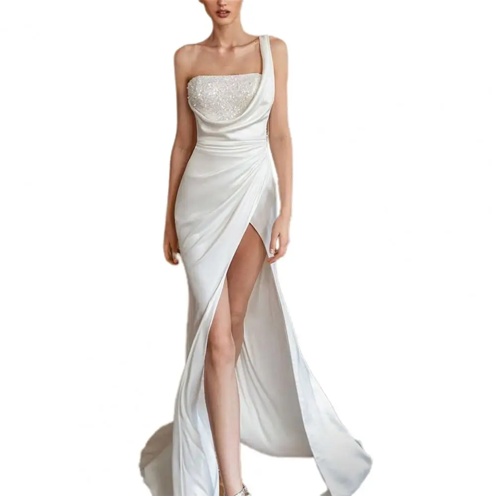 Women Slim Formal Dress One Shoulder Sequined Autumn Satin Surface High Split Solid Color Ladies Maxi Wedding Party Dresses | Женская