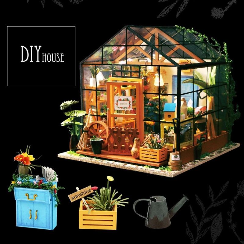 

DIY Wooden Flower house Miniature Dollhouse 3D LED Mini Dollhouse Kit With Furniture Kit Light Creative Christmas Gift