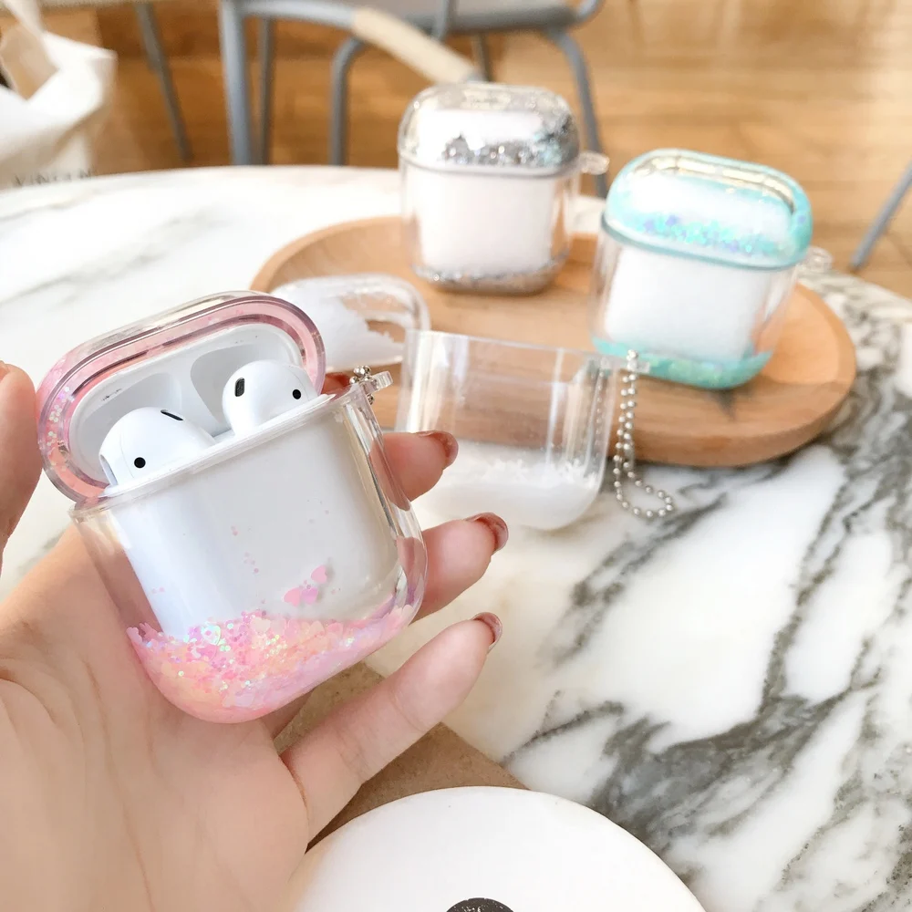 Цветной блестящий чехол с жидкими блестками для Apple Airpods 1/2 прозрачный кристально чистый защитный чехол для наушников с цепочкой