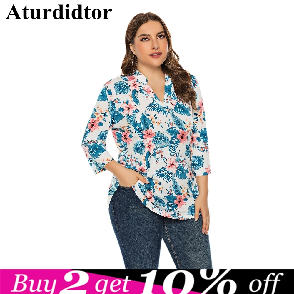 

5XL Plus Size Rose Print Blouse V Neck 3/4 Three Quarter Length Sleeve for Women Casual Shirt Female Tops Summer 4XL 3XL XXXL
