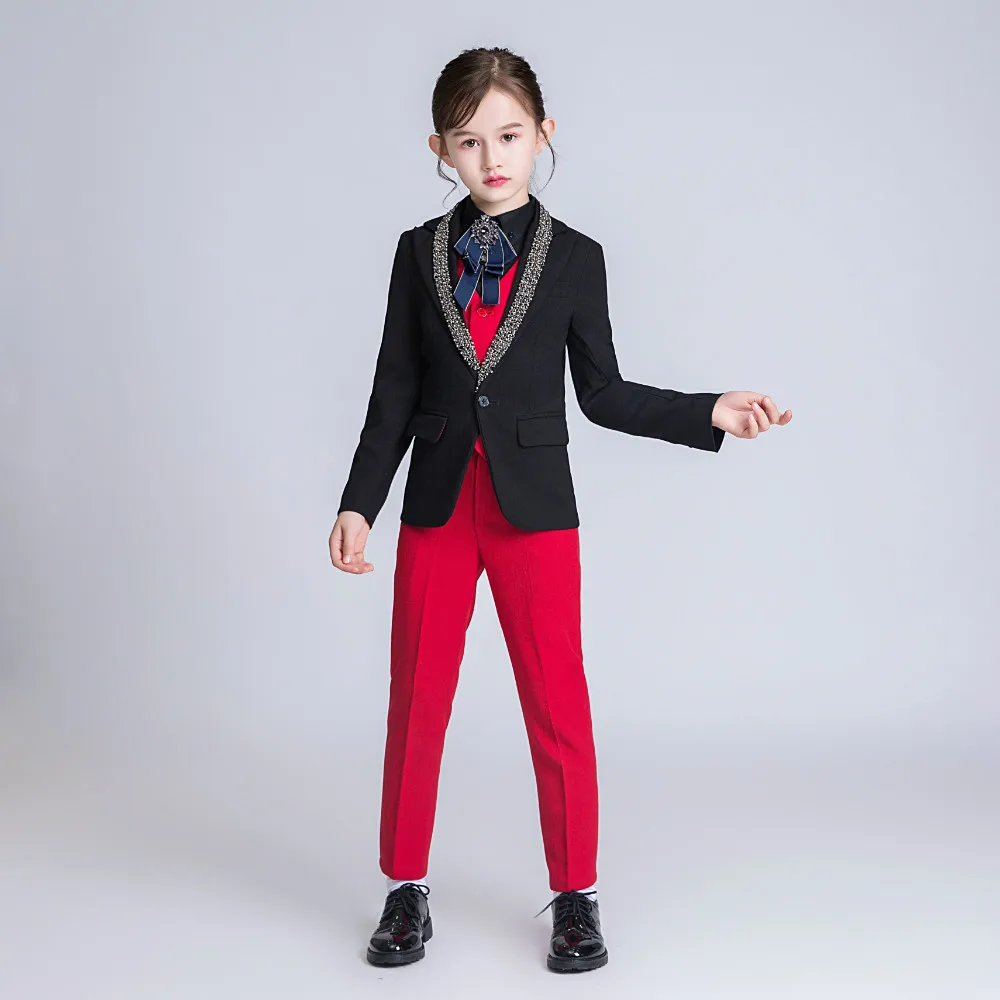 YuanLu, детский костюм из 3 предметов, блейзер для девушек, пальто, костюм для свадебной вечеринки, костюм для детей, красное/черное торжественное красивое платье - Цвет: 3PCS