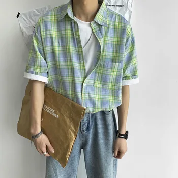 

2020 Summer And Autumn New Korean Couple Loose Plaid Cotton Thin Section Casual Short-sleeved Shirt Large Size