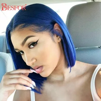 

Dark Blue Human Hair 13x4 Lace Front Bob Wig Cospaly 150% Density Short Straight Middle Part Lace Frontal Wigs Glueless For Wome