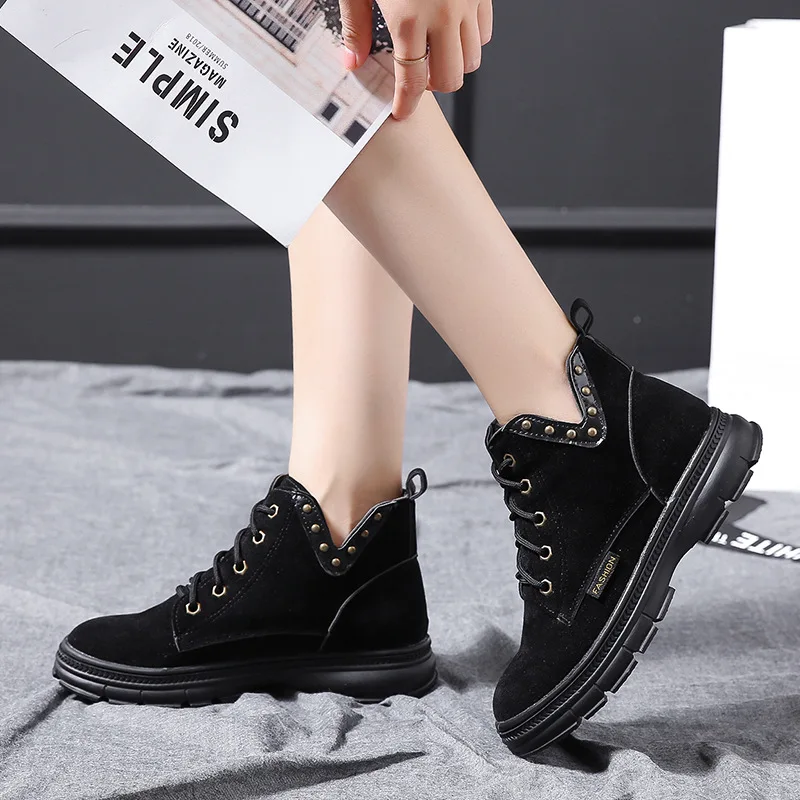 

Autumn And Winter New Style Flat Heel Lace-up Suede Rivet Short Boots Casual Breathable Martin Boots Women's Thick Bottomed V Mo