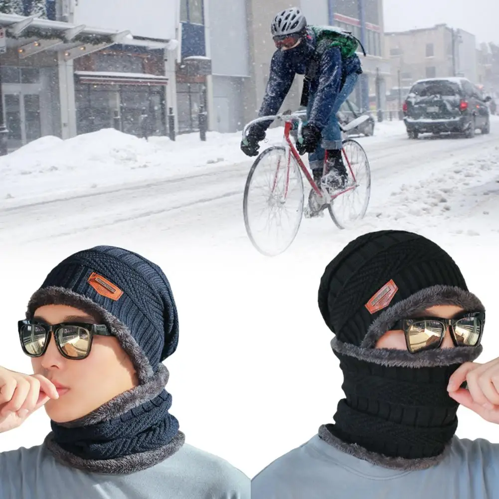 Мужская теплая шапка Skullies, шерстяная шапка, мягкий шарф, комплект из двух предметов, зимние Утепленные шапки, мужские ветрозащитные вязаные шапки, теплые шапки для шеи
