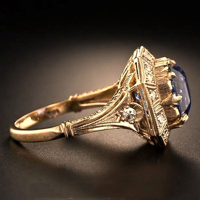 Blue Topaz Princess Diamond Ring with 18K Yellow Gold Color Engagement for Women Gift Jewelry | Украшения и аксессуары