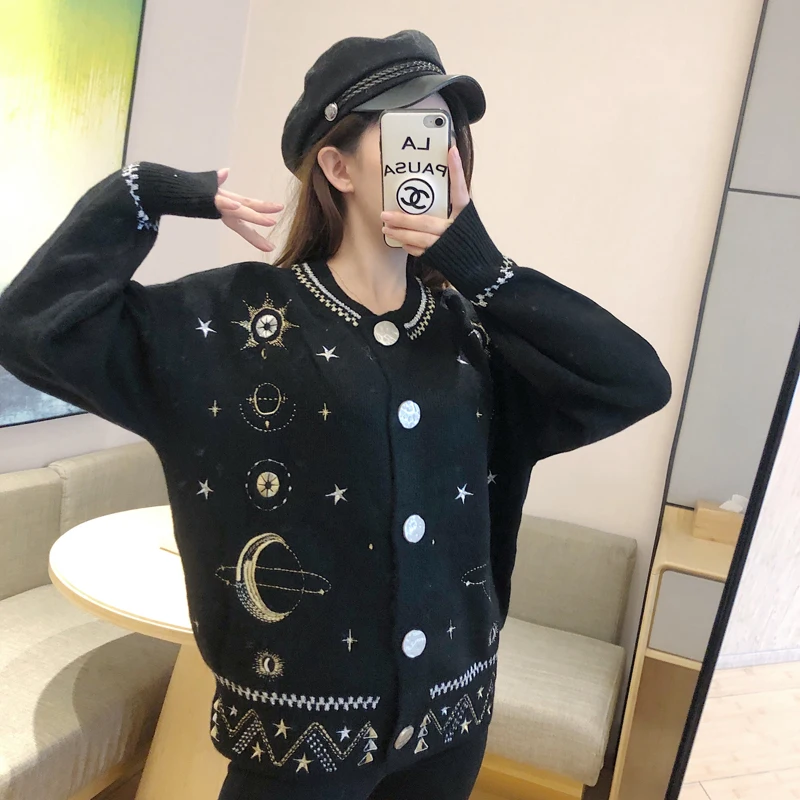 #^Special Price Women Oversized Cardigan 2020 New Black White Cosmic Stars Embroidery Sweater Coat Female O-neck Single Breasted Cardigan