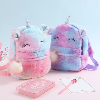 

Cartoon Girl Cartoon Plush Bag Student Small Zipper Schoolbag Unicorn Rainbow Fur Backpack With Ball Kid Mini Toy Doll Backpack