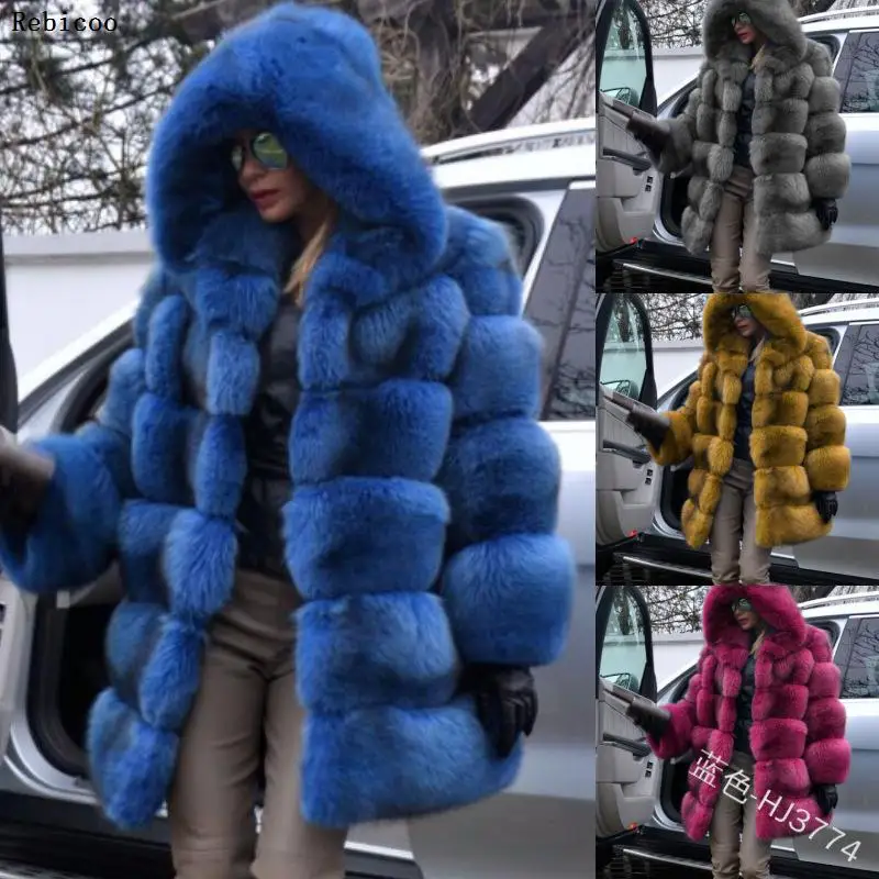 Rebicoo, искусственный мех, теплое толстое пальто из лисьего меха для женщин, модное, полное, для домашних животных, с полосатым вырезом, размера плюс, пальто, теплая зимняя куртка