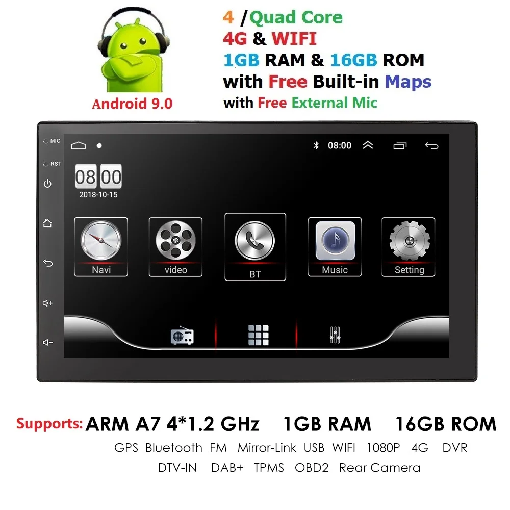 Универсальный 2 din Android 9,0 четырехъядерный автомобильный мультимедийный плеер gps Wifi BT Радио 4G SIM сетевой руль DAB Mic USB Navi карта