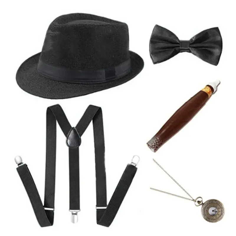 1920s мужской косплей Гангстерский костюм набор аксессуаров манхэттенская шляпа подтяжки предварительно завязанный Галстук-бабочка поддельные пластиковые сигары карманные часы