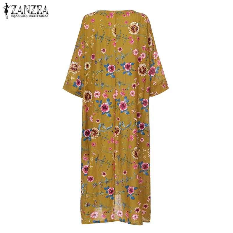 ZANZEA женское богемное платье цветочный принт богемный Vestidos Осень плюс размер женские повседневные свободные карманы макси платья халат