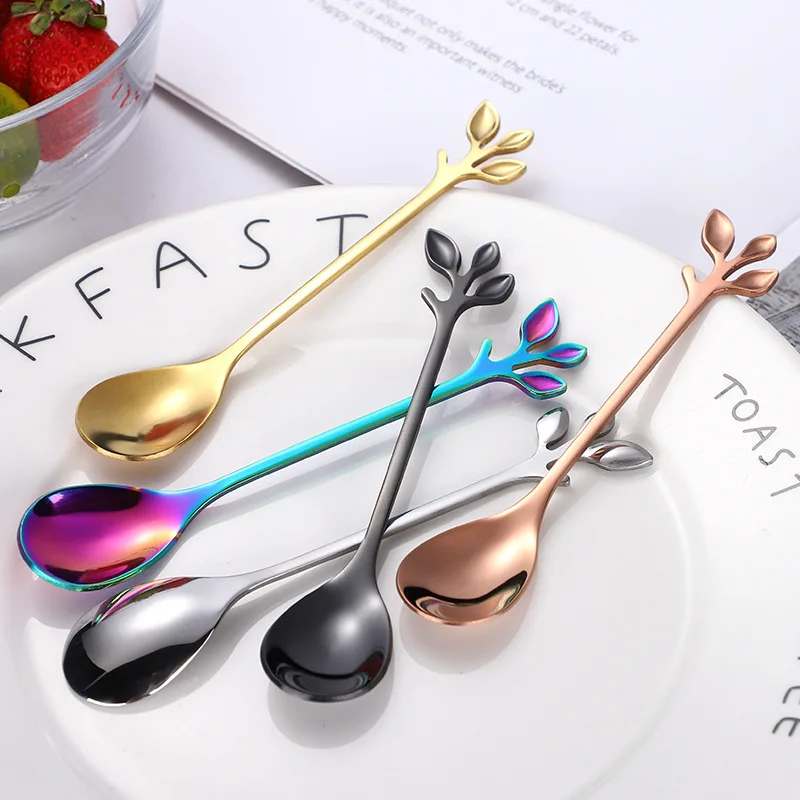 1PC Stainless Steel Coffee Scoop Creative Leaf Spoon Fork Teaspoons for