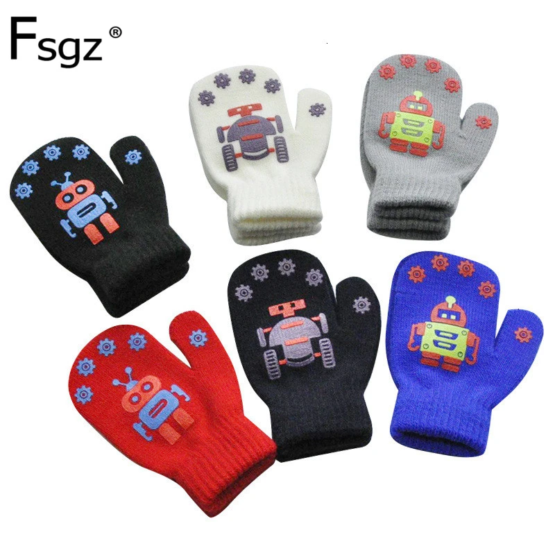 

1-4 Years Mittens For Children Winter Warm Cold-proof Buns Glove Lovely Robot Pattern Print Acrylic Knitting Gloves For Baby