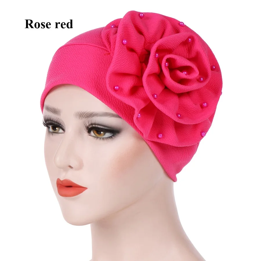 roses red 1 шт., женские эластичные шапочки с большим цветком, жемчугом, бисером, шапка для выпадения волос, Африканский тюрбан, бохо, головной убор, шапка для свадебной вечеринки - Цвет: roses red