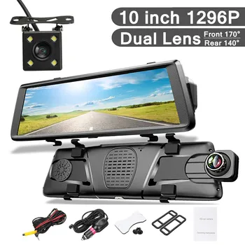 

10" FHD 1296P Dual Lens Car Mirror Touch-Screen DVR Dash Cam w/ Rearview Camera Loop-cycle Recording G-sensor Reversing Video