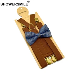 SHOWERSMILE Bowtie Suspender Set 4 Clips Adult Brown Suspenders Women Trouser Belt Unisex Braces Straps Mens Suspenders Skinny